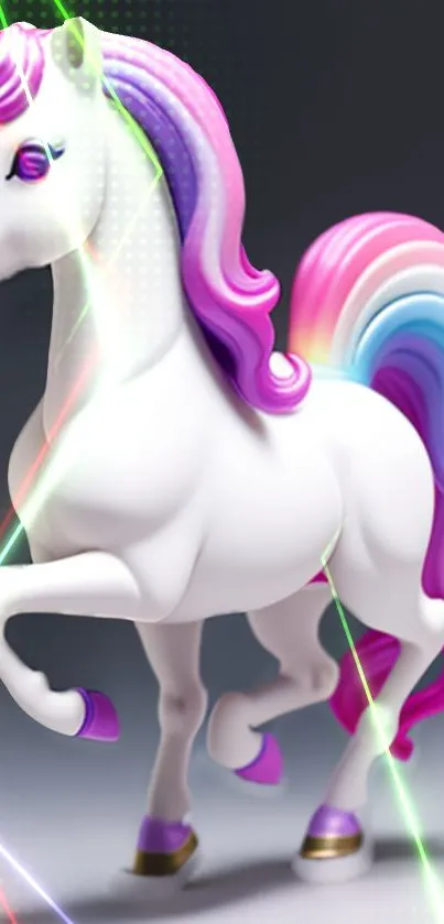 Majestic unicorn with rainbow mane and glowing lines on gray background.