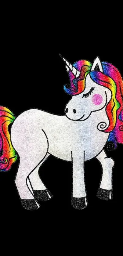 Unicorn with rainbow mane on black background wallpaper.