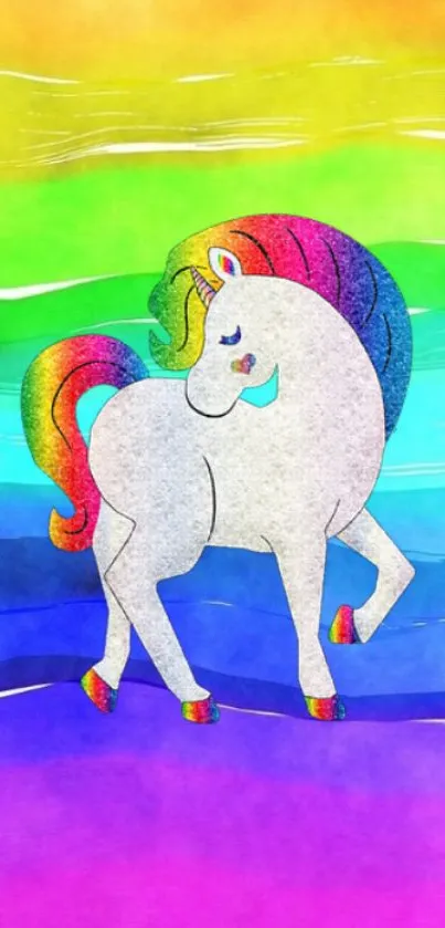 Colorful unicorn with rainbow mane on a vibrant background.