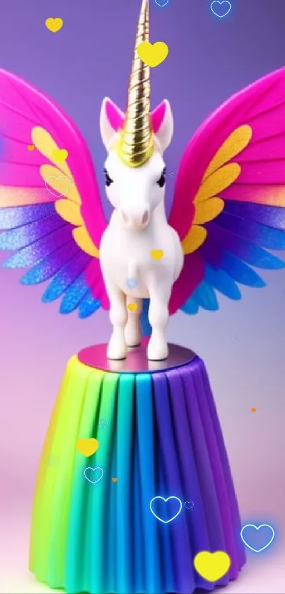 Vibrant unicorn with rainbow wings and colorful pedestal.