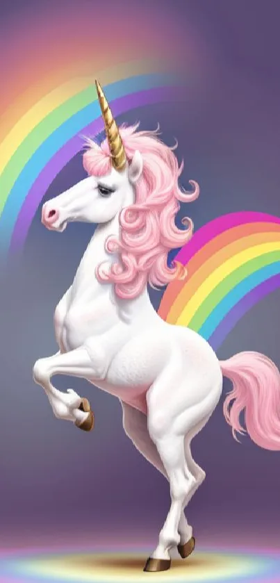 Vibrant unicorn with rainbows on a purple background.