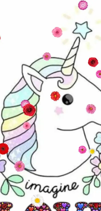 Pastel unicorn surrounded by colorful flowers.