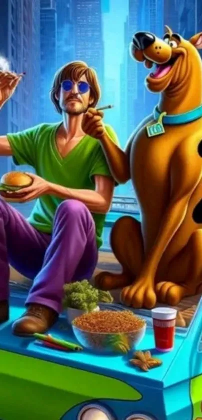 Cartoon scene with characters in a city setting.