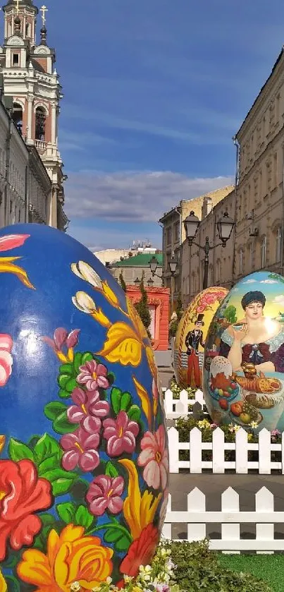 Colorful painted Easter eggs in a charming urban street scene.