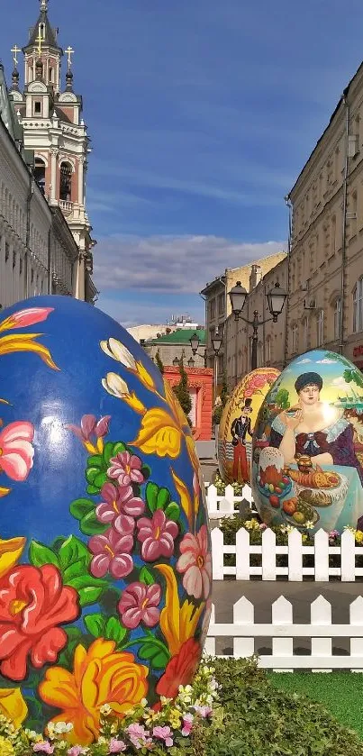 Vibrant Easter display with decorated eggs in a city street.