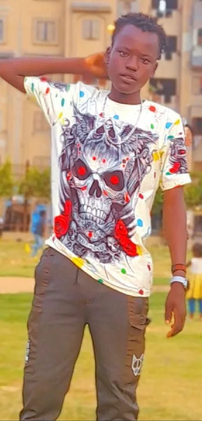 Young man in skull t-shirt posing in urban setting.