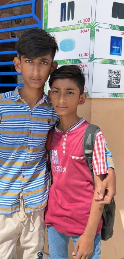 Two young individuals in colorful attire stand outdoors with a blue patterned background.