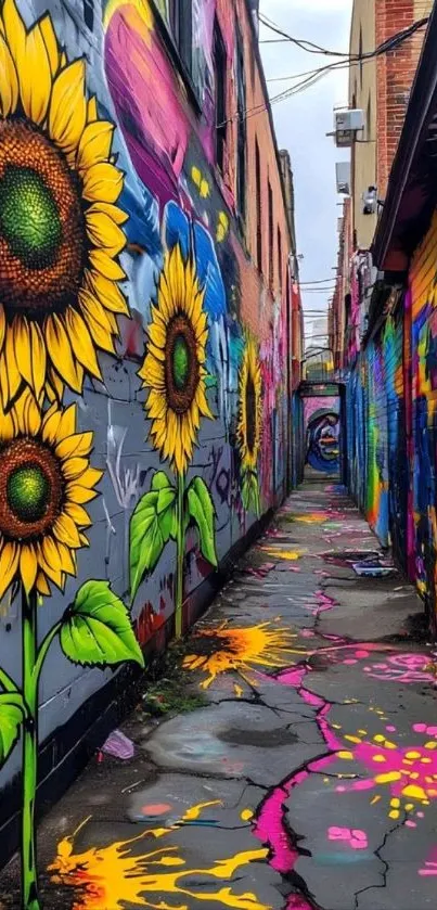Graffiti alley with vibrant sunflowers and colorful murals.