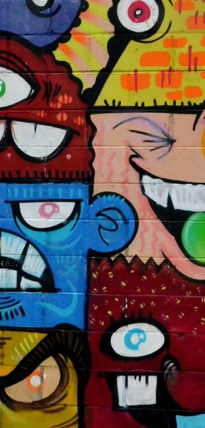 Vibrant graffiti art with colorful characters on a brick wall background.