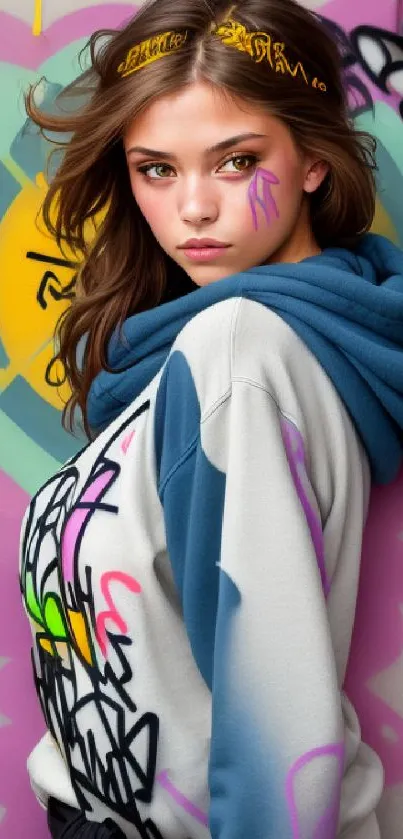 Youthful woman in front of vibrant graffiti art, blending urban and colorful style.