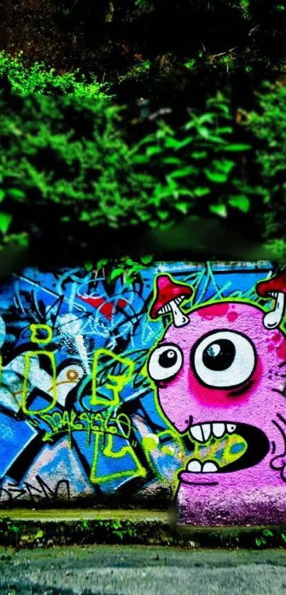 Colorful graffiti with pink character on an urban wall.