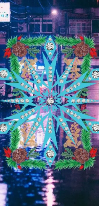 Colorful kaleidoscope design on urban rainy street background.