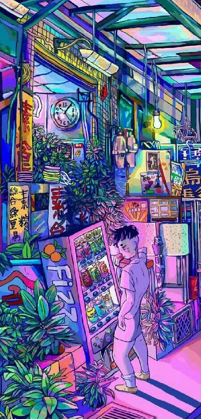 Vibrant anime-style urban street scene with neon colors and detailed illustrations.