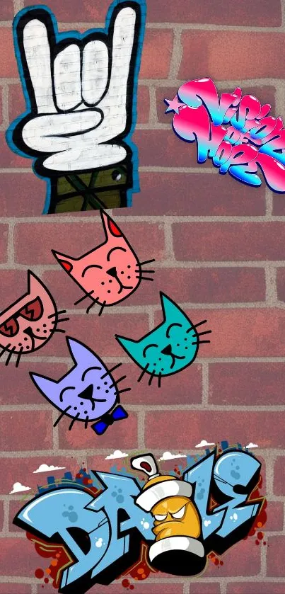 Colorful street art on brick wall featuring cartoon cats and graffiti.