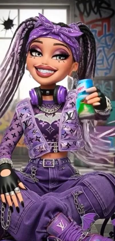 Trendy cartoon character with urban graffiti background