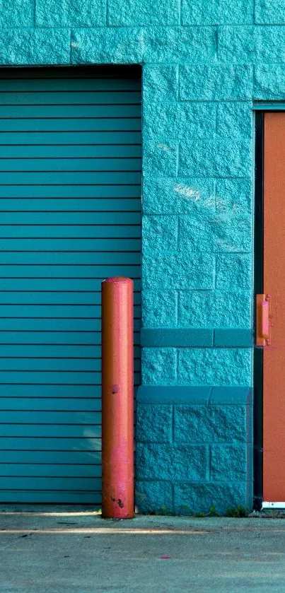 Vibrant teal and terracotta urban wall art with unique textures.