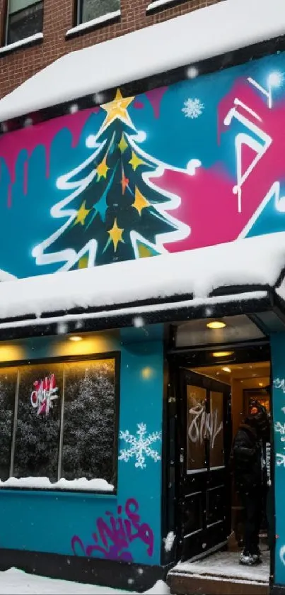 Colorful urban mural with a Christmas tree and snowy graffiti scene.