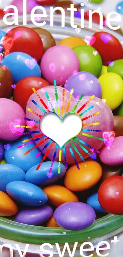 Valentine's Day candy heart wallpaper, vibrant colors for mobile.