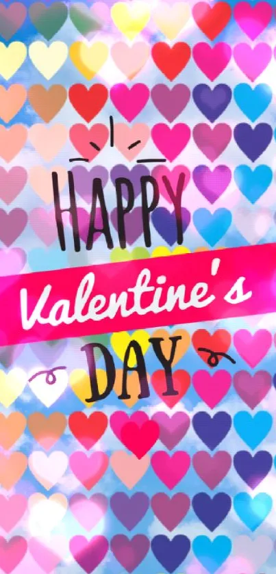 Vibrant Valentine's Day wallpaper with colorful heart pattern and sky blue background.