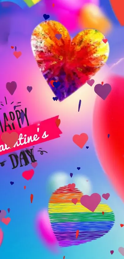 Colorful Valentine's wallpaper with vibrant hearts and text.