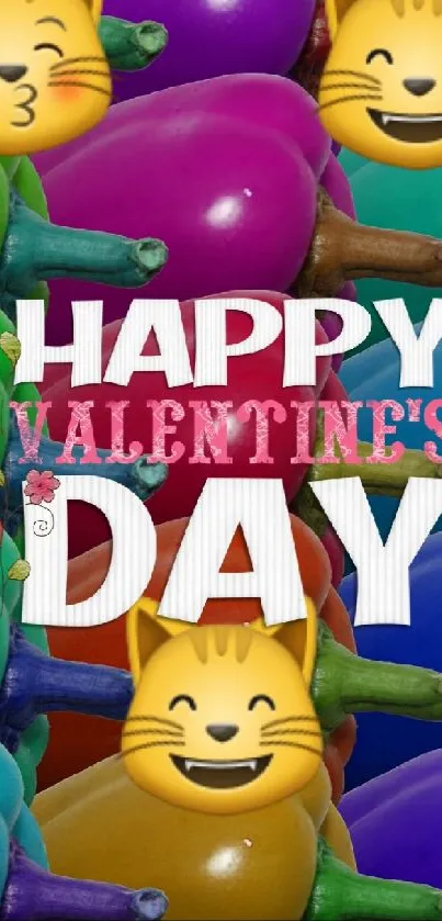 Colorful peppers and happy emojis on Valentine's Day wallpaper.