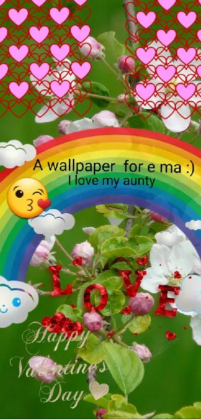 Valentine's Day wallpaper with hearts, rainbow, clouds, and flowers on a green background.