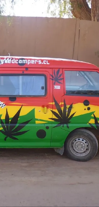Colorful van with reggae-themed art and green accents.