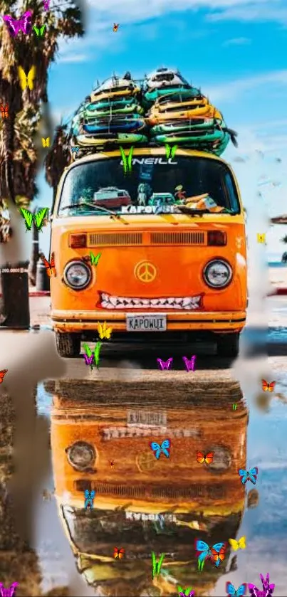 Orange van with surfboards and butterflies reflection on wet pavement.