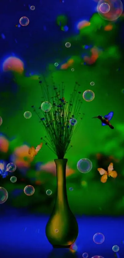 Vibrant wallpaper with green vase, bubbles, and butterflies.