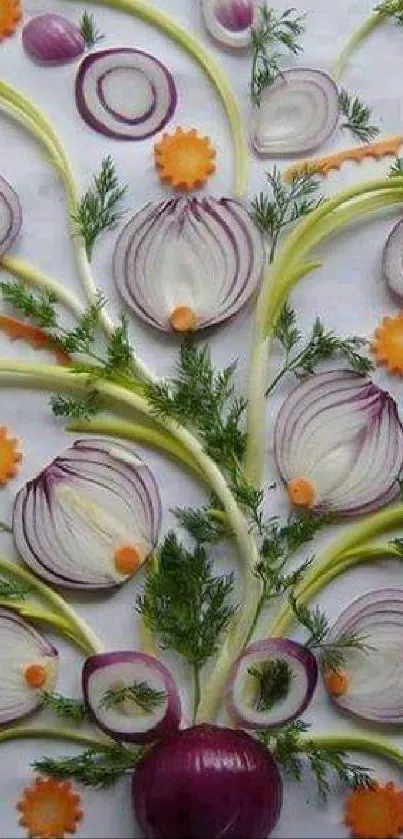 Colorful vegetable art wallpaper with onions and carrots.