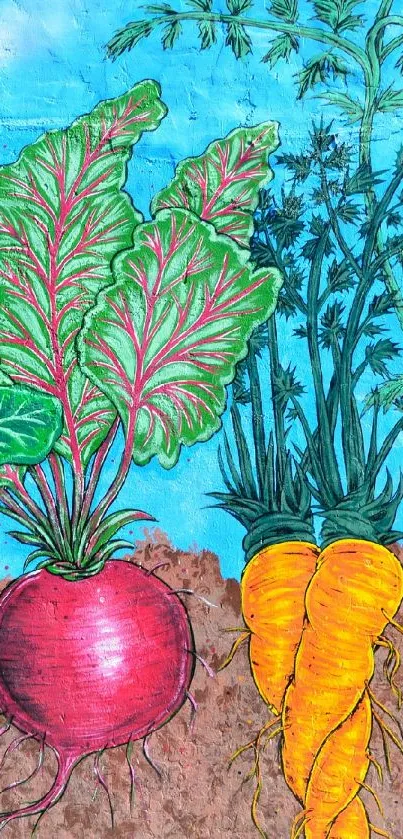 Vibrant vegetable garden art with colorful roots and green leaves.