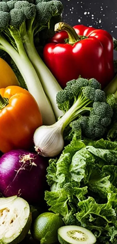A vibrant array of fresh vegetables including peppers and broccoli.