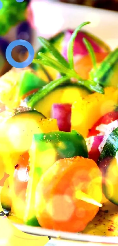 Colorful vegetable skewers on a plate with vibrant greens and fresh veggies.