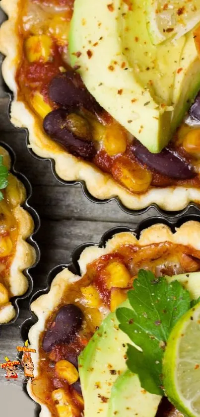 Vibrant veggie tart wallpaper with avocado and fresh toppings.