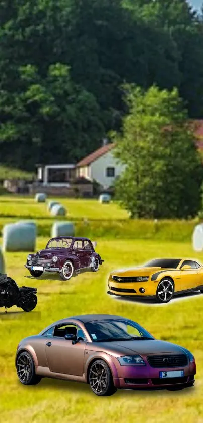 Classic cars and motorbike on a lush countryside background.