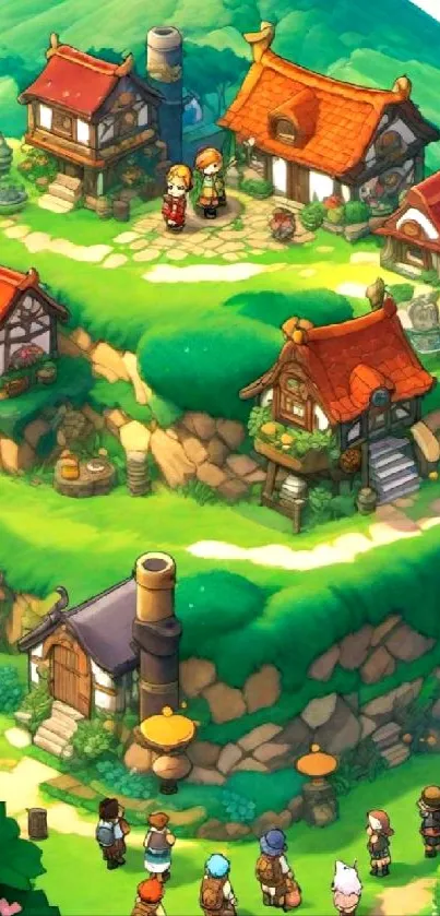 Charming RPG village with colorful houses and lush green hills.