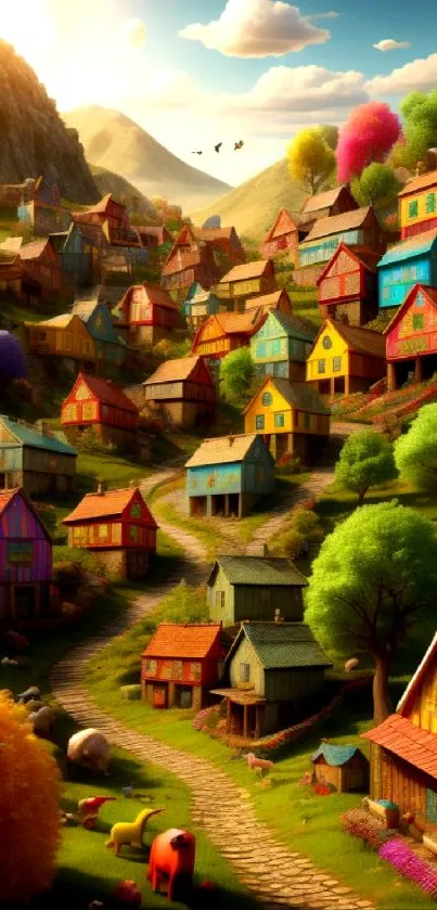 Colorful village nestled in rolling hills under a bright sky.