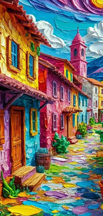 Colorful village street painting with vibrant houses.