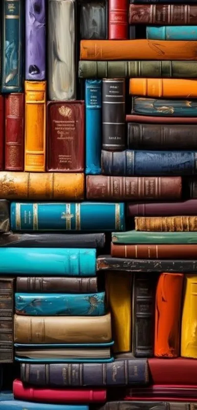 Colorful vintage books stacked on shelves.