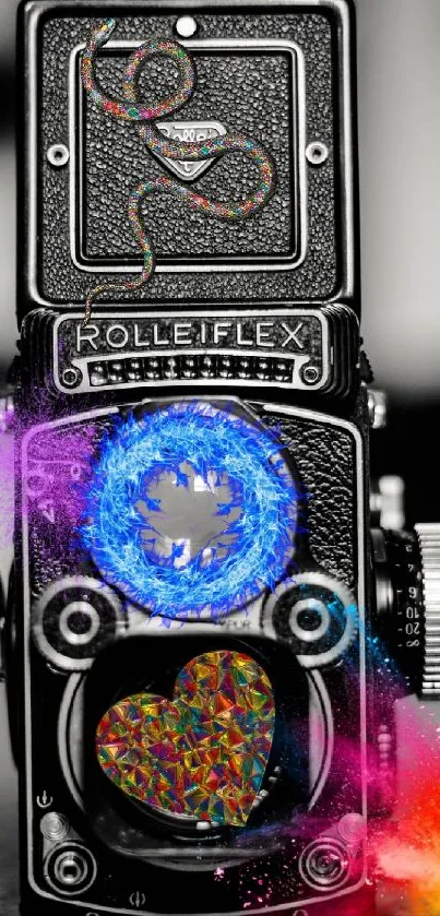 Vintage camera with colorful artistic splash design.