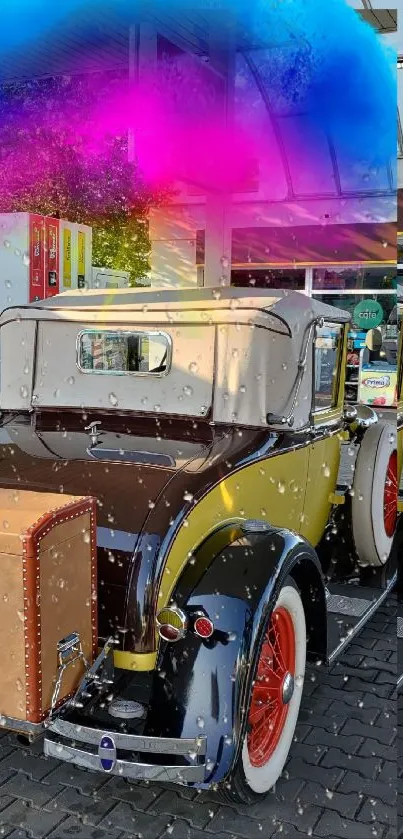 Vividly colored vintage car at a gas station with a surreal touch.