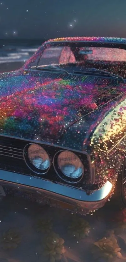 Vintage car with rainbow lights on beach at night.