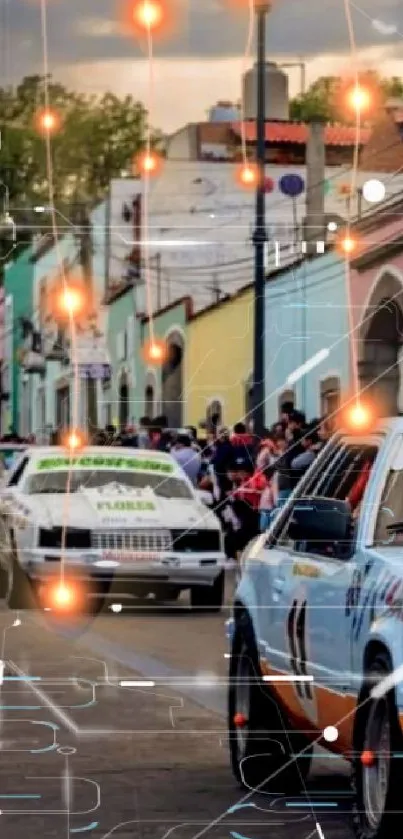 Vintage cars parade down a colorful street lined with charming buildings.