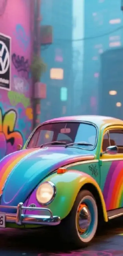 Colorful vintage Beetle car in urban setting with rainbow design.