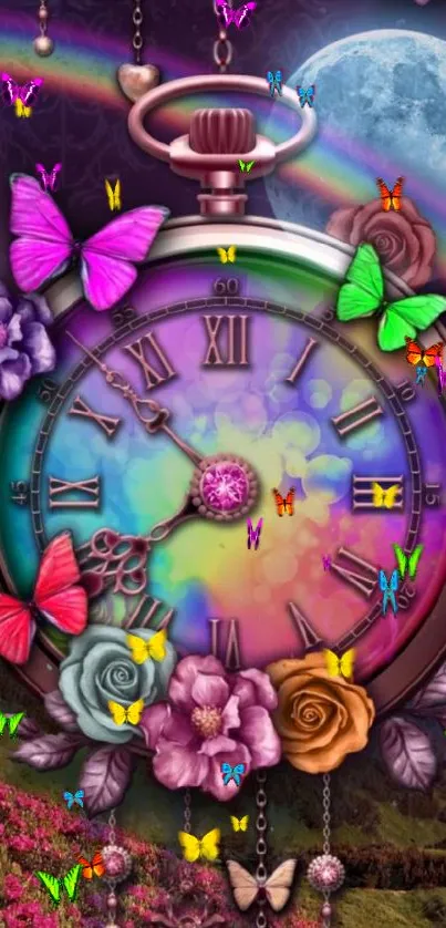 Colorful vintage clock with butterflies and flowers.