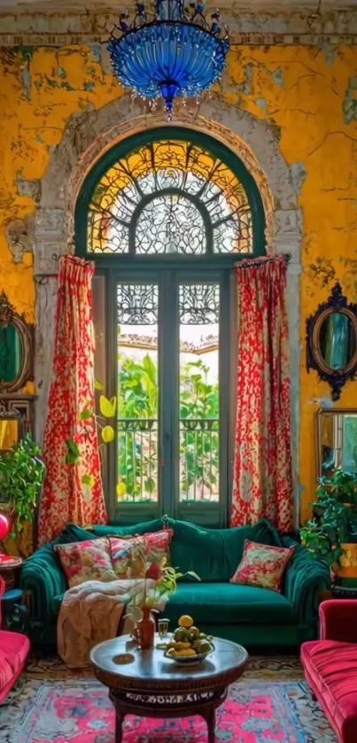 Vibrant vintage room with ornate decor and rich colors.
