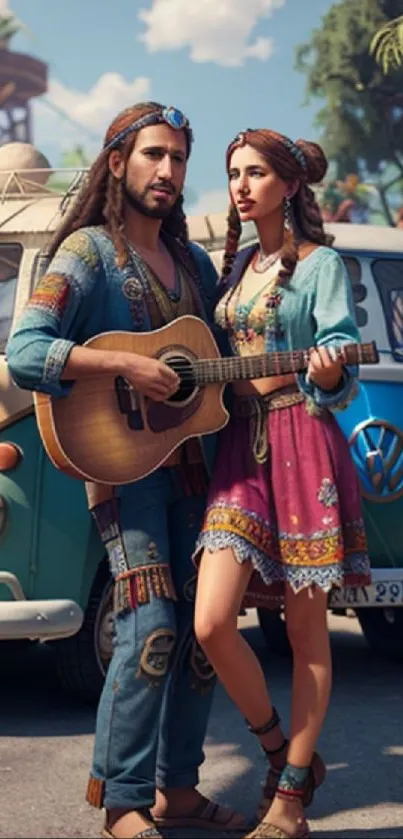 Hippie couple with guitar by vintage van under sunny skies.