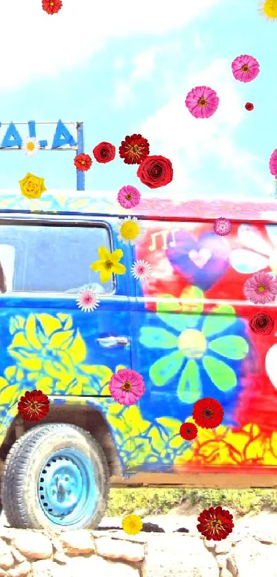 Colorful vintage van with flowers parked near Camping Matala.