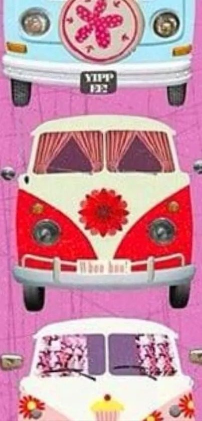 Colorful vintage vans on a pink background wallpaper.