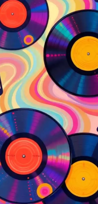 Vibrant mobile wallpaper with vinyl records and musical notes.